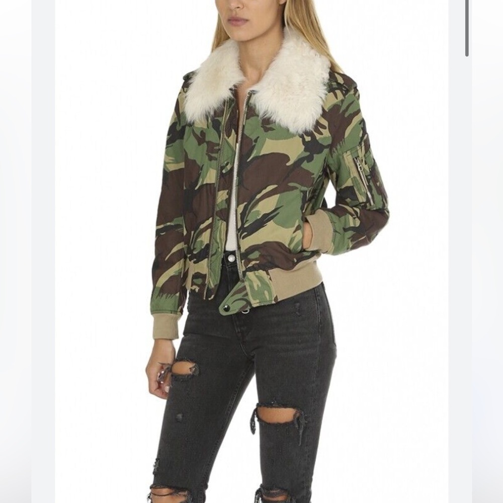 Size XXS - $795 RAG & BONE Bomber Flight Shearling Trimmed Collar Camo Jacket - Picture 2 of 9